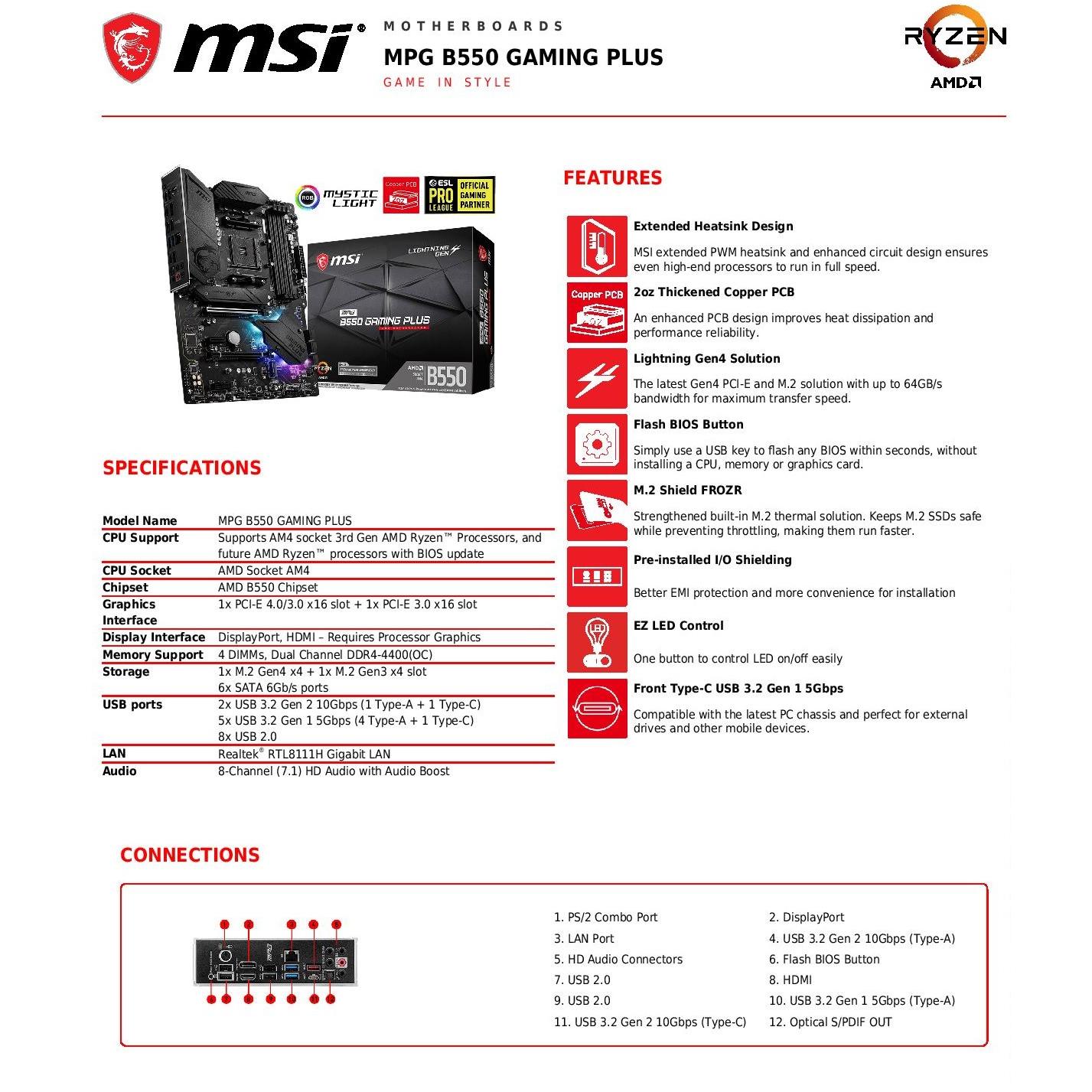 MPG B550 Gaming Plus Socket AM4 ATX Motherboard - Msi